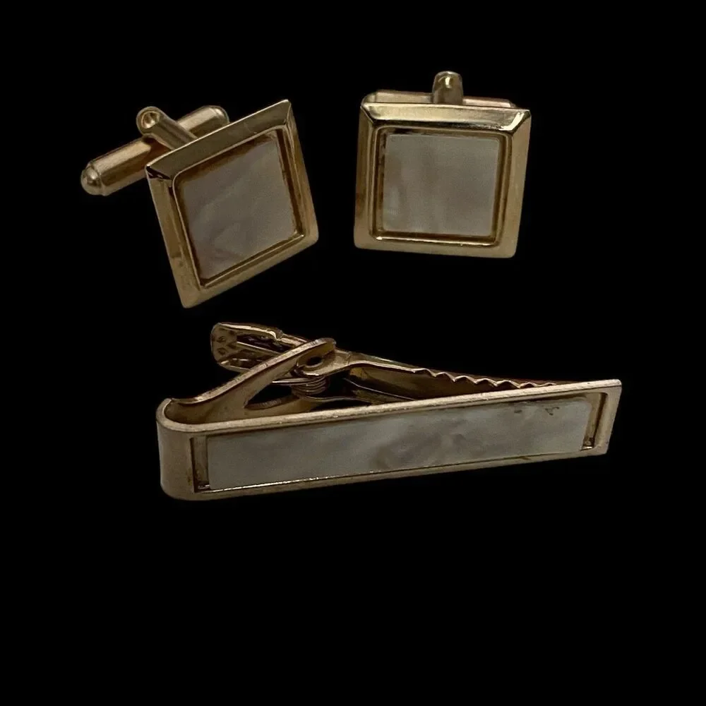 Vintage Mother of Pearl Cufflinks and Tie Clip Set Gold tone Mad Men Office